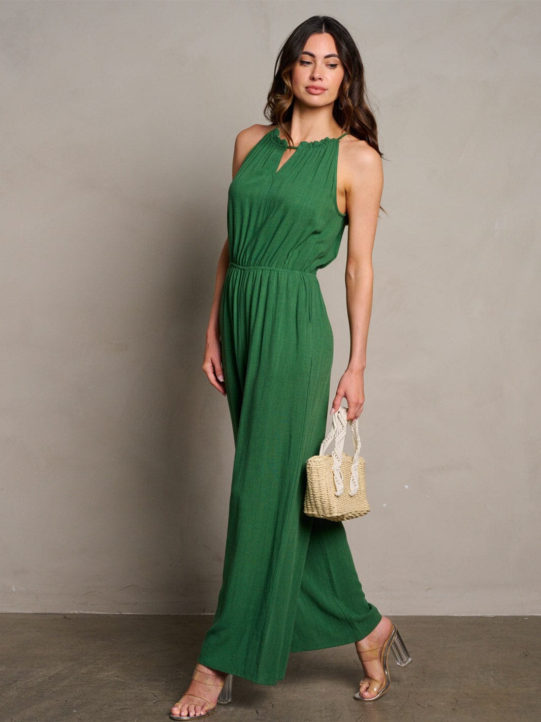 WOMEN'S SLEEVELESS ELASTIC WAIST POCKETS WIDE LEG JUMPSUIT