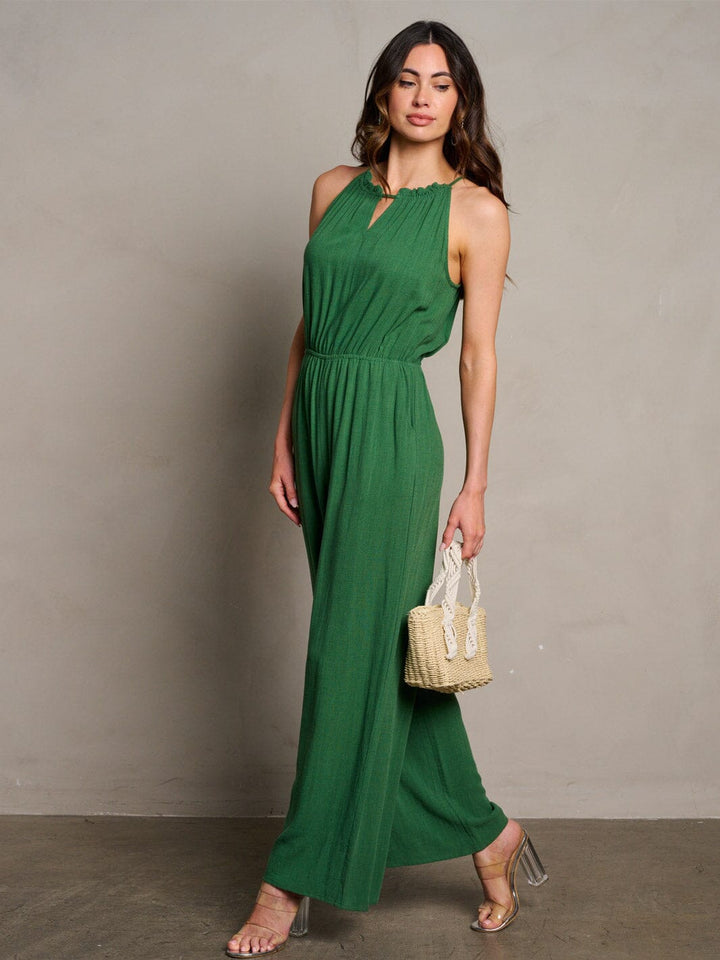 WOMEN'S SLEEVELESS ELASTIC WAIST POCKETS WIDE LEG JUMPSUIT