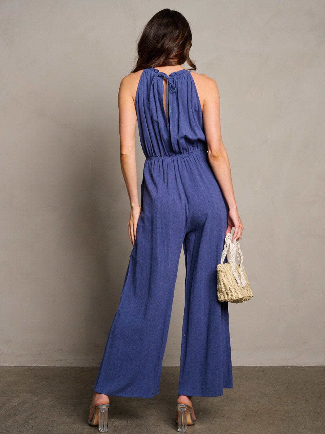 WOMEN'S SLEEVELESS ELASTIC WAIST POCKETS WIDE LEG JUMPSUIT