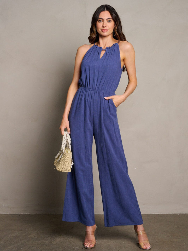 WOMEN'S SLEEVELESS ELASTIC WAIST POCKETS WIDE LEG JUMPSUIT