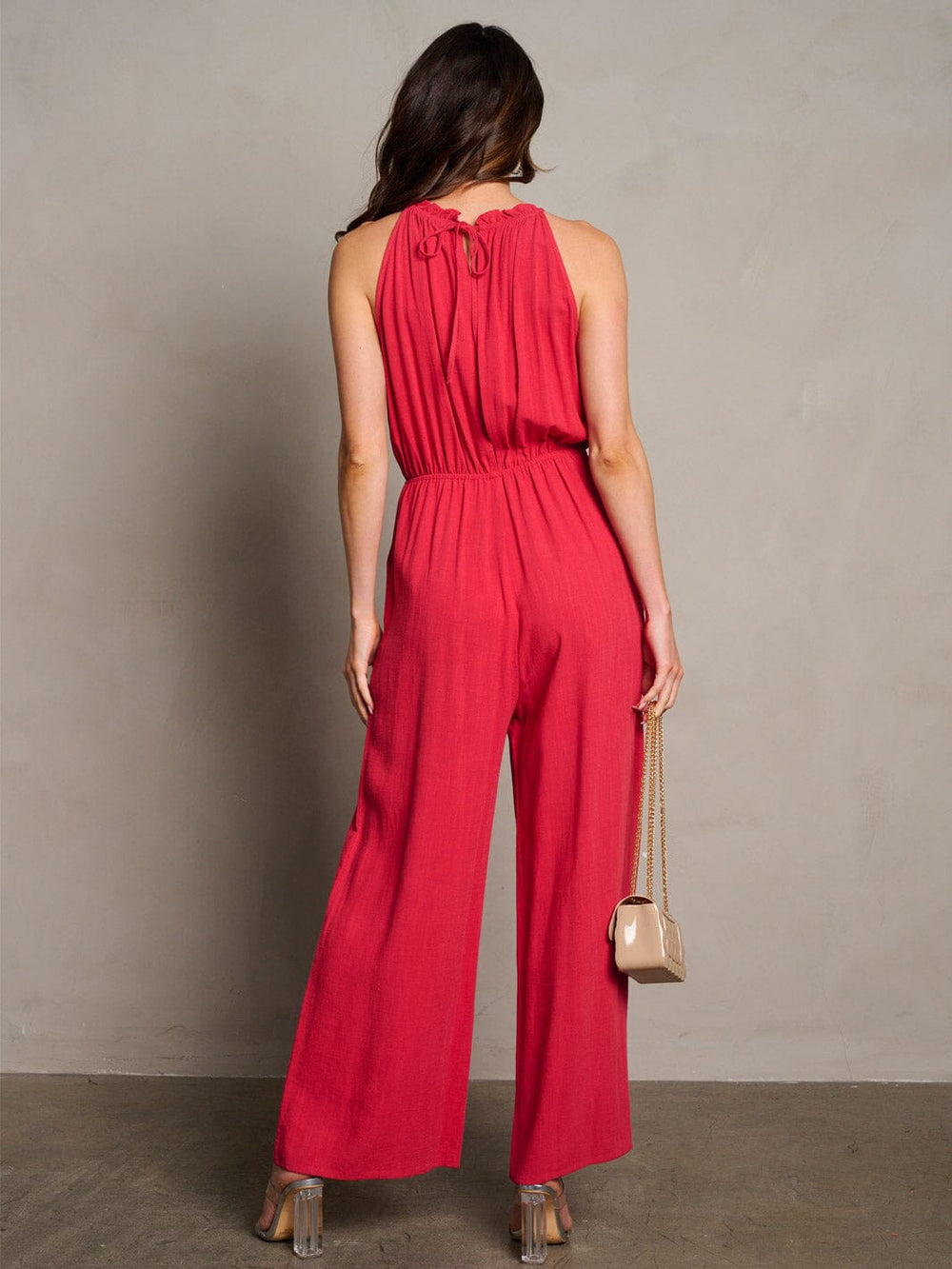 WOMEN'S SLEEVELESS ELASTIC WAIST POCKETS WIDE LEG JUMPSUIT
