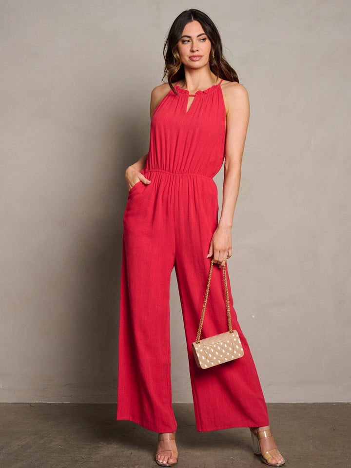 WOMEN'S SLEEVELESS ELASTIC WAIST POCKETS WIDE LEG JUMPSUIT
