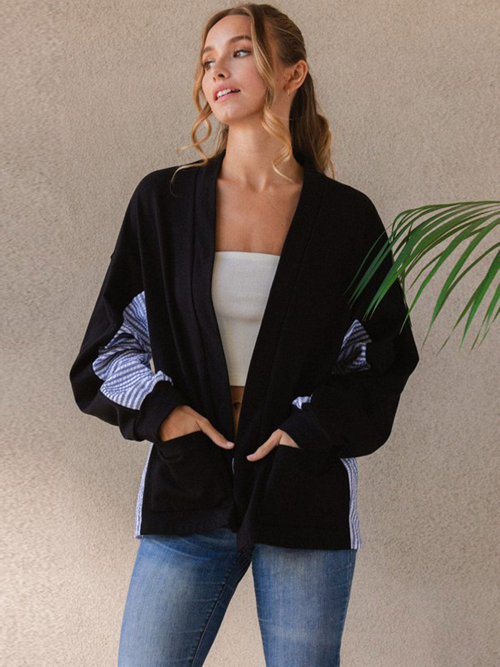 WOMEN'S LONG SLEEVE FRONT POCKETS CONTRAST CARDIGAN
