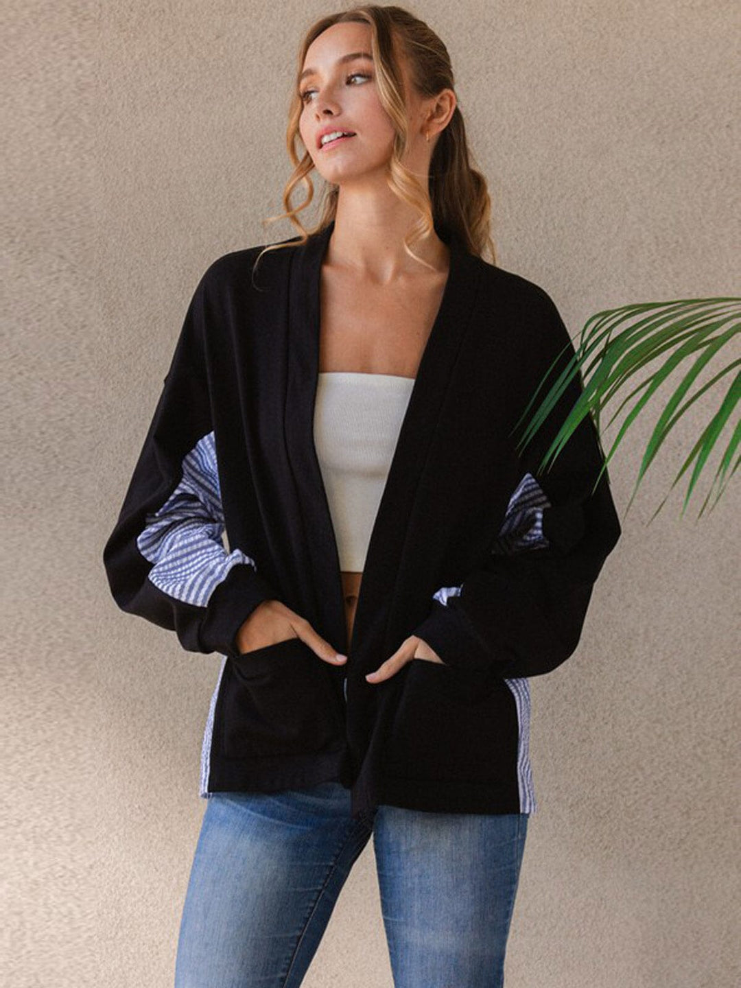 WOMEN'S LONG SLEEVE FRONT POCKETS CONTRAST CARDIGAN