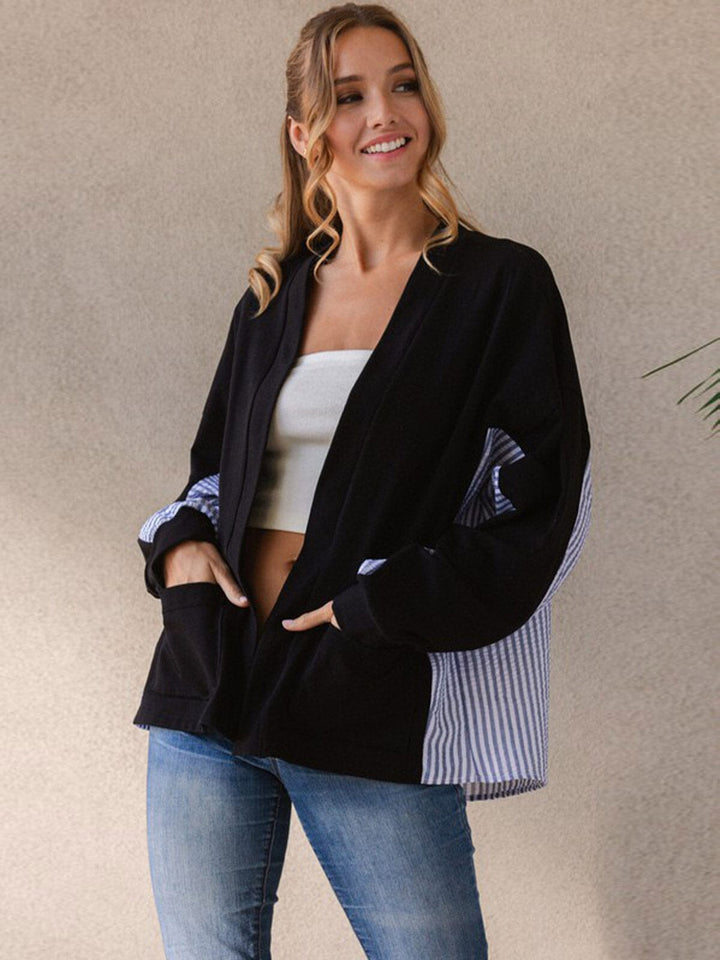 WOMEN'S LONG SLEEVE FRONT POCKETS CONTRAST CARDIGAN