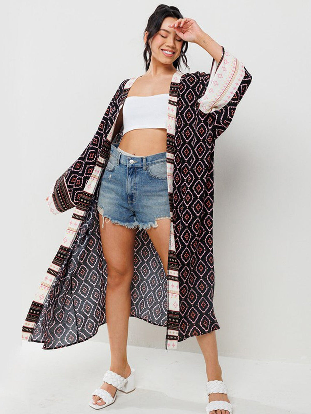 WOMEN'S LONG SLEEVE OPEN FRONT MULTI PRINT KIMONO
