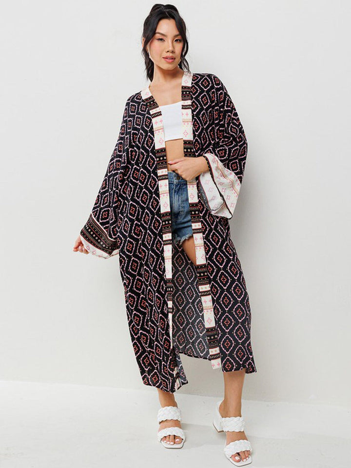 WOMEN'S LONG SLEEVE OPEN FRONT MULTI PRINT KIMONO