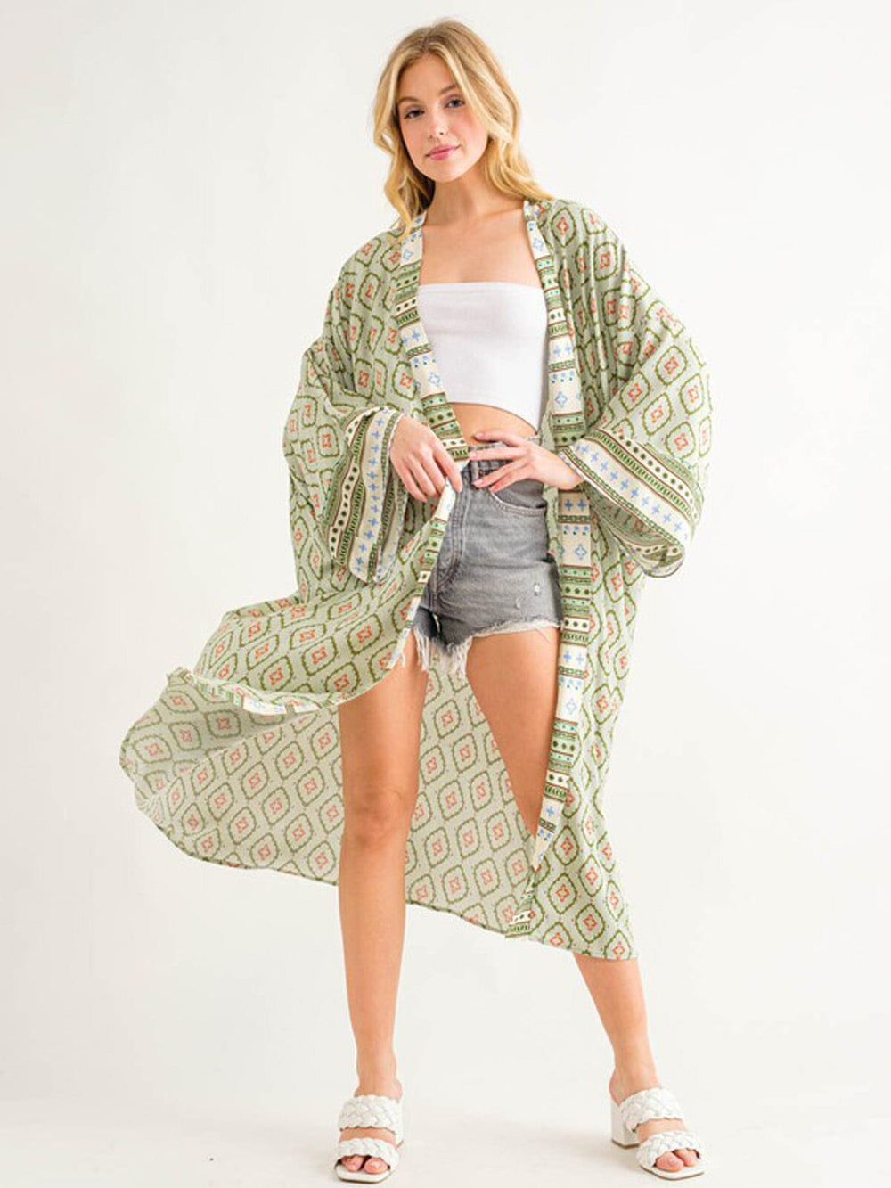 WOMEN'S LONG SLEEVE OPEN FRONT MULTI PRINT KIMONO
