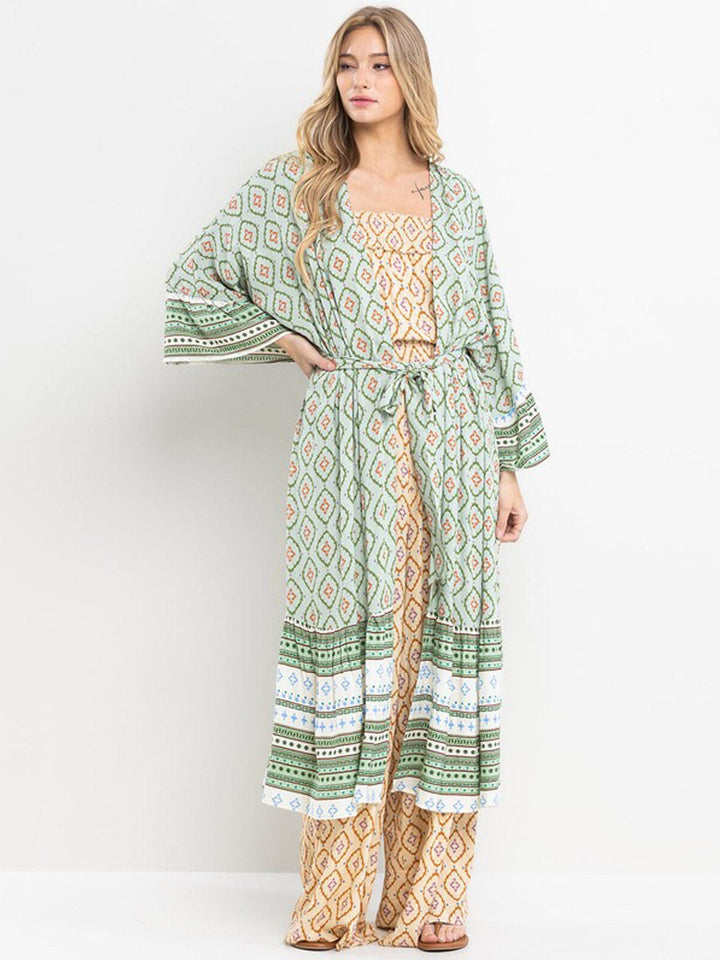 WOMEN'S 3/4 RUFFLE SLEEVE SELF TIE MULTI PRINT CARDIGAN