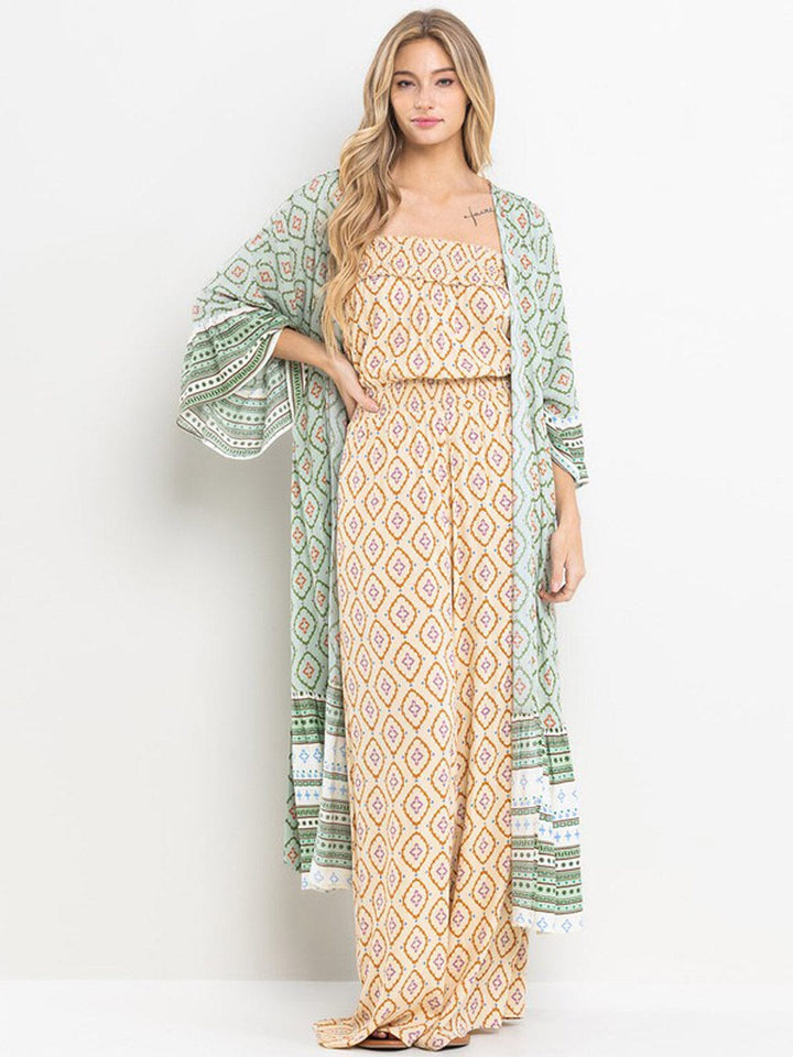 WOMEN'S 3/4 RUFFLE SLEEVE SELF TIE MULTI PRINT CARDIGAN