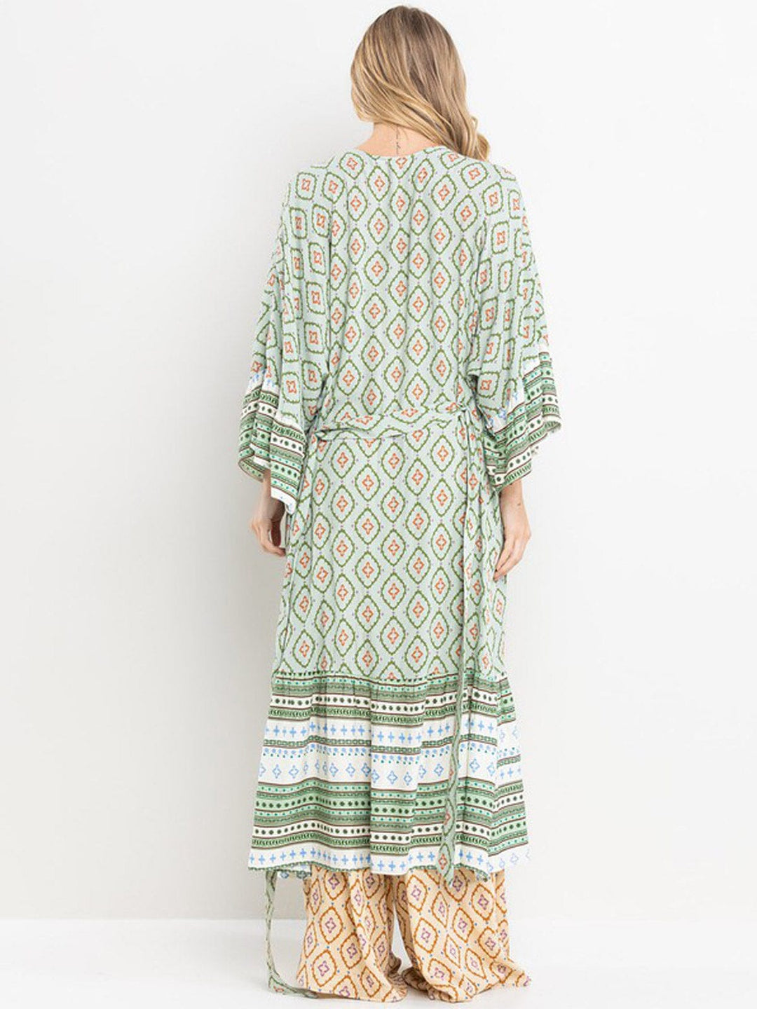 WOMEN'S 3/4 RUFFLE SLEEVE SELF TIE MULTI PRINT CARDIGAN