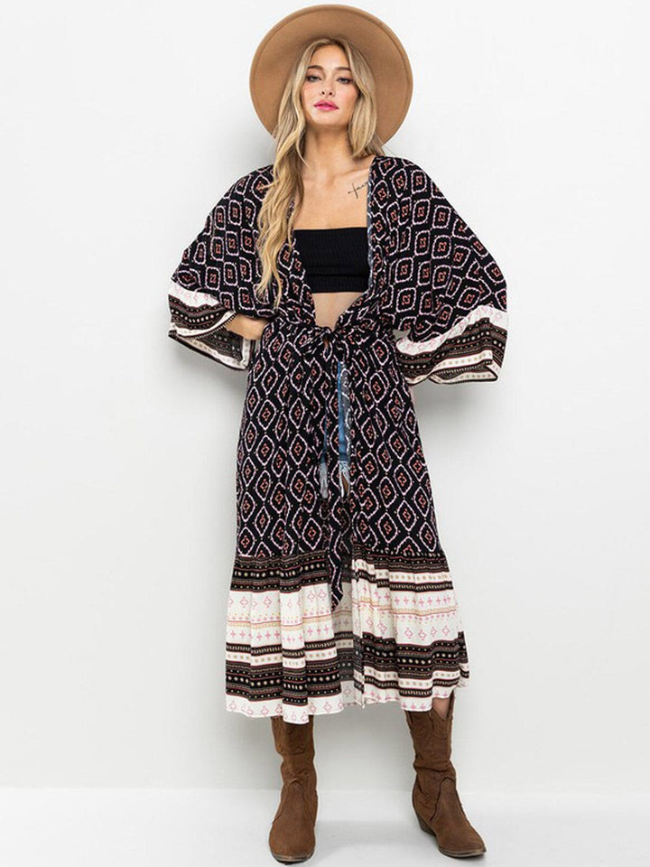 WOMEN'S 3/4 RUFFLE SLEEVE SELF TIE MULTI PRINT CARDIGAN