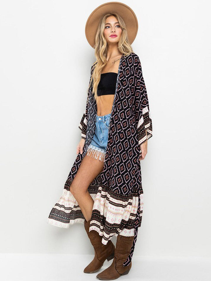 WOMEN'S 3/4 RUFFLE SLEEVE SELF TIE MULTI PRINT CARDIGAN