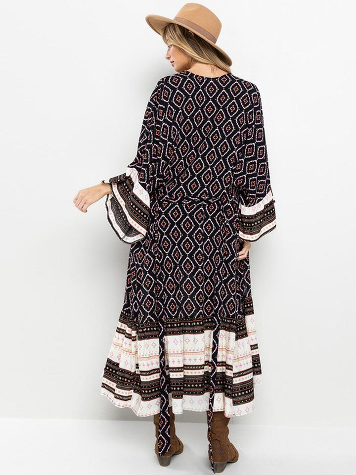 WOMEN'S 3/4 RUFFLE SLEEVE SELF TIE MULTI PRINT CARDIGAN