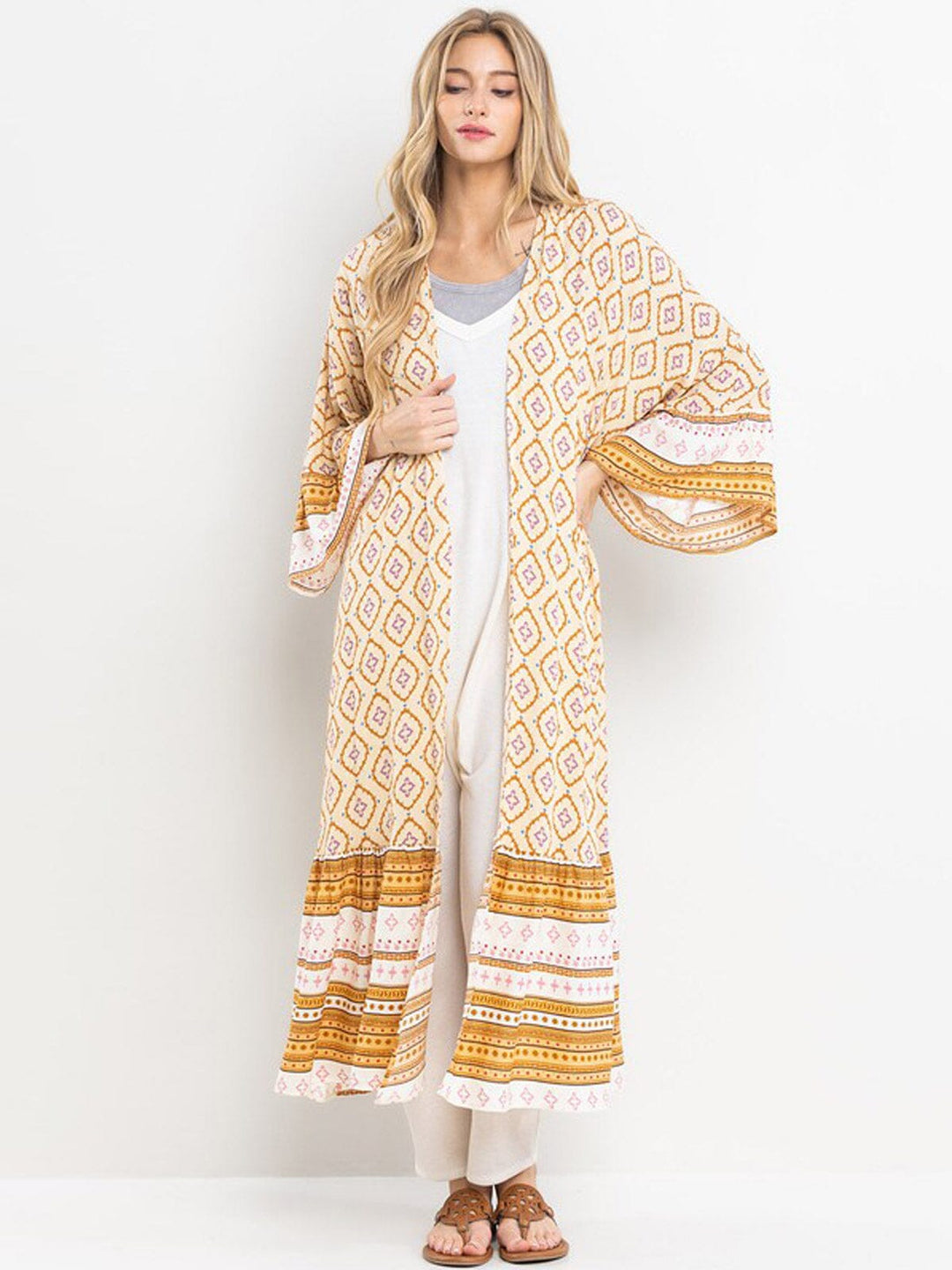 WOMEN'S 3/4 RUFFLE SLEEVE SELF TIE MULTI PRINT CARDIGAN (Copy)