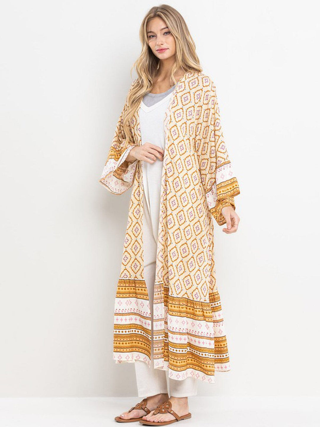 WOMEN'S 3/4 RUFFLE SLEEVE SELF TIE MULTI PRINT CARDIGAN (Copy)