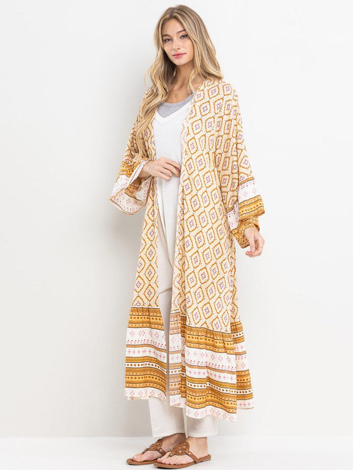 WOMEN'S 3/4 RUFFLE SLEEVE SELF TIE MULTI PRINT CARDIGAN (Copy)