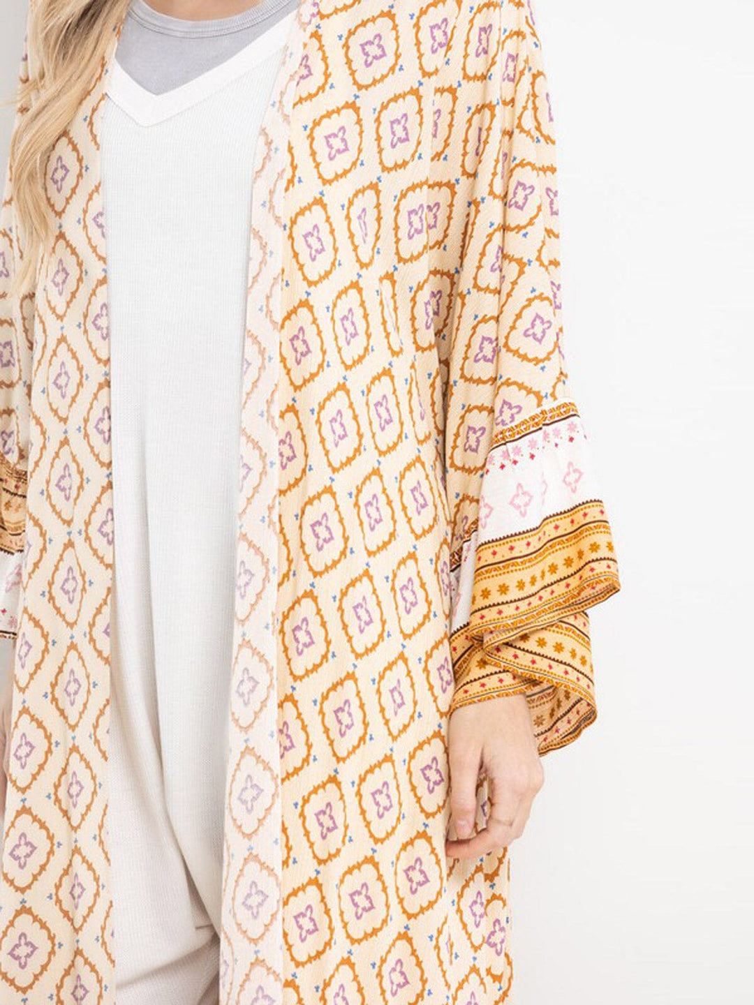 WOMEN'S 3/4 RUFFLE SLEEVE SELF TIE MULTI PRINT CARDIGAN (Copy)