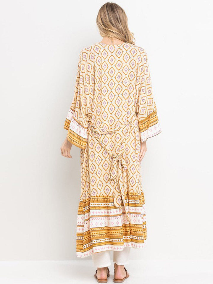 WOMEN'S 3/4 RUFFLE SLEEVE SELF TIE MULTI PRINT CARDIGAN (Copy)