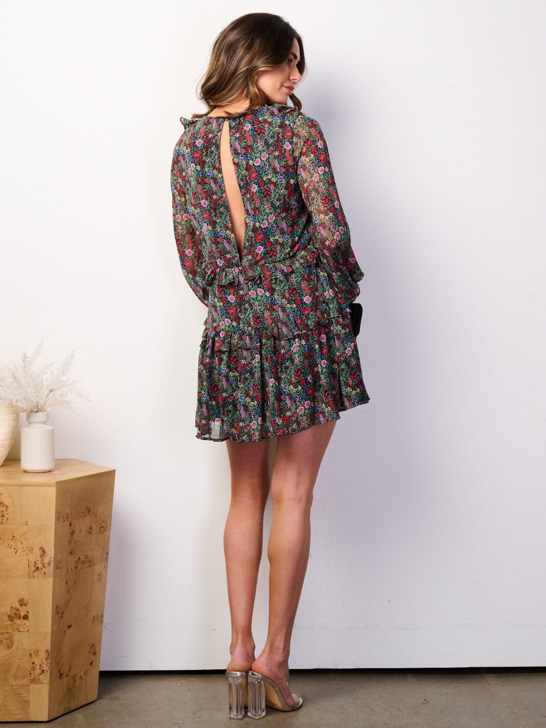 WOMEN'S LONG SLEEVE V-NECK LACE FLORAL MINI DRESS