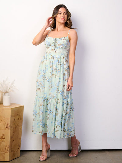 WOMEN'S SLEEVELESS SMOCK TIERED FLORAL MAXI DRESS