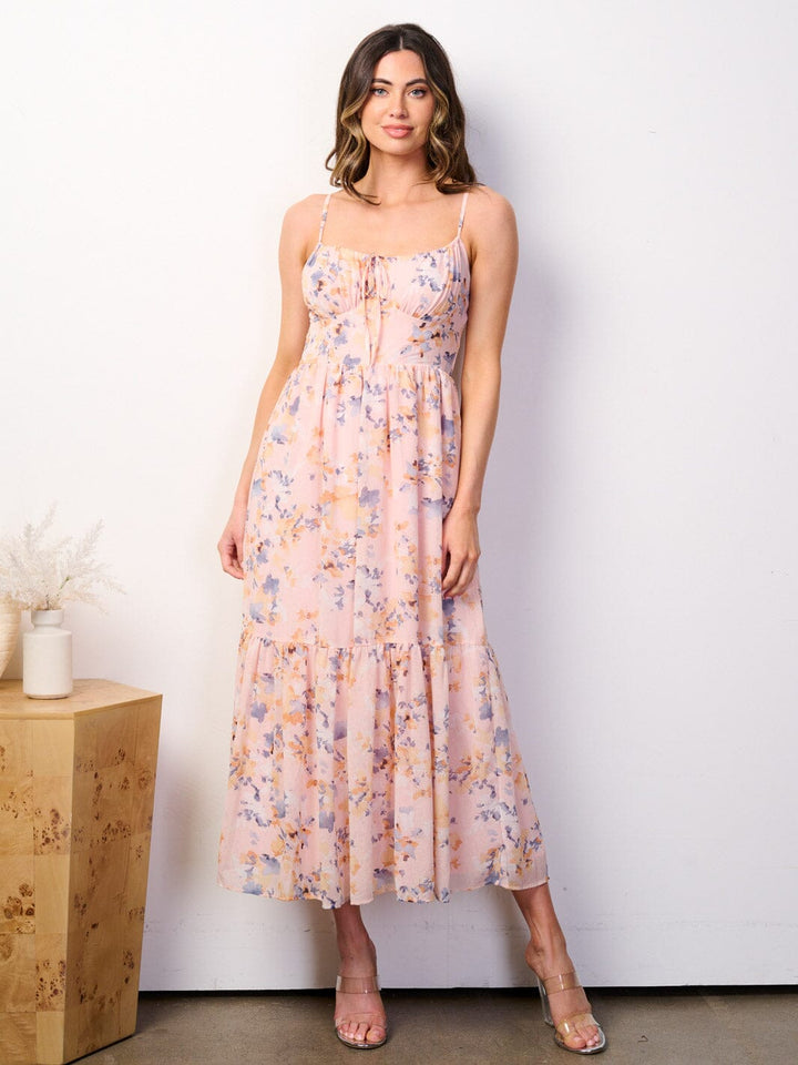 WOMEN'S SLEEVELESS SMOCK TIERED FLORAL MAXI DRESS