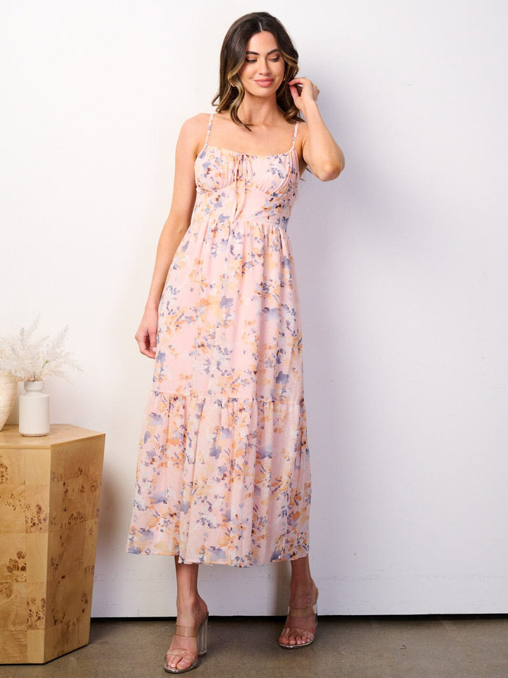 WOMEN'S SLEEVELESS SMOCK TIERED FLORAL MAXI DRESS
