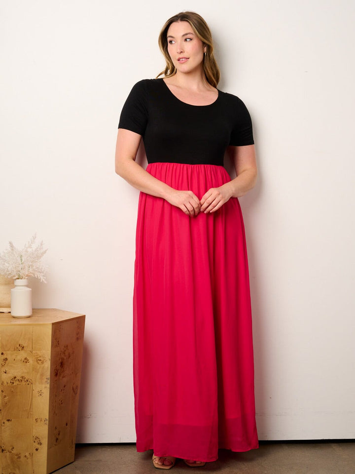 PLUS SIZE SHORT SLEEVE ELASTIC WAIST COLORBLOCK MAXI DRESS