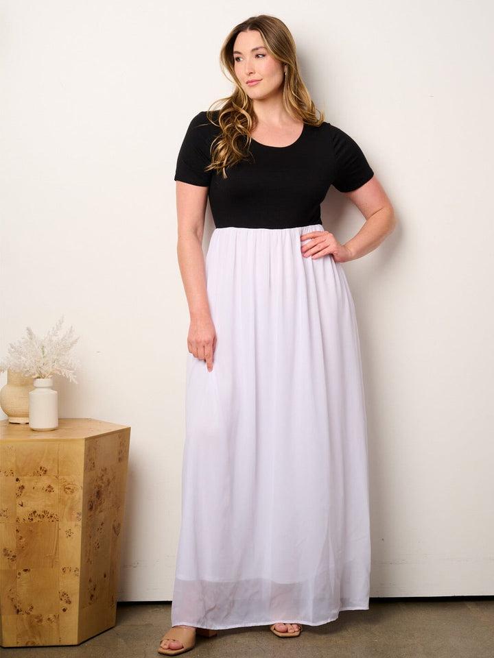 PLUS SIZE SHORT SLEEVE ELASTIC WAIST COLORBLOCK MAXI DRESS