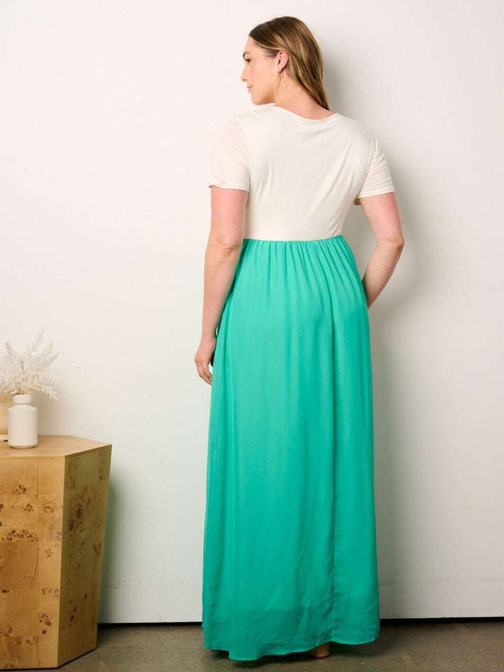 PLUS SIZE SHORT SLEEVE ELASTIC WAIST COLORBLOCK MAXI DRESS
