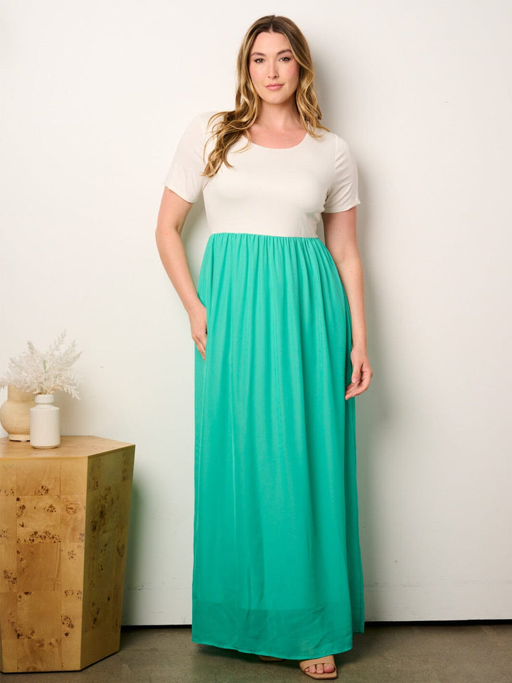PLUS SIZE SHORT SLEEVE ELASTIC WAIST COLORBLOCK MAXI DRESS