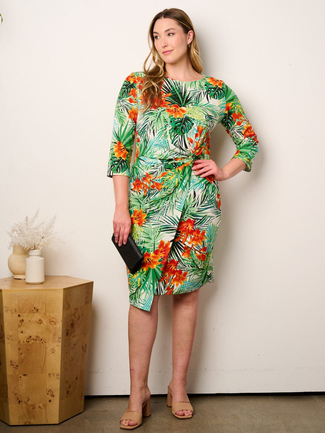 PLUS SIZE 3/4 SLEEVE SURPLICE FLORAL MIDI DRESS