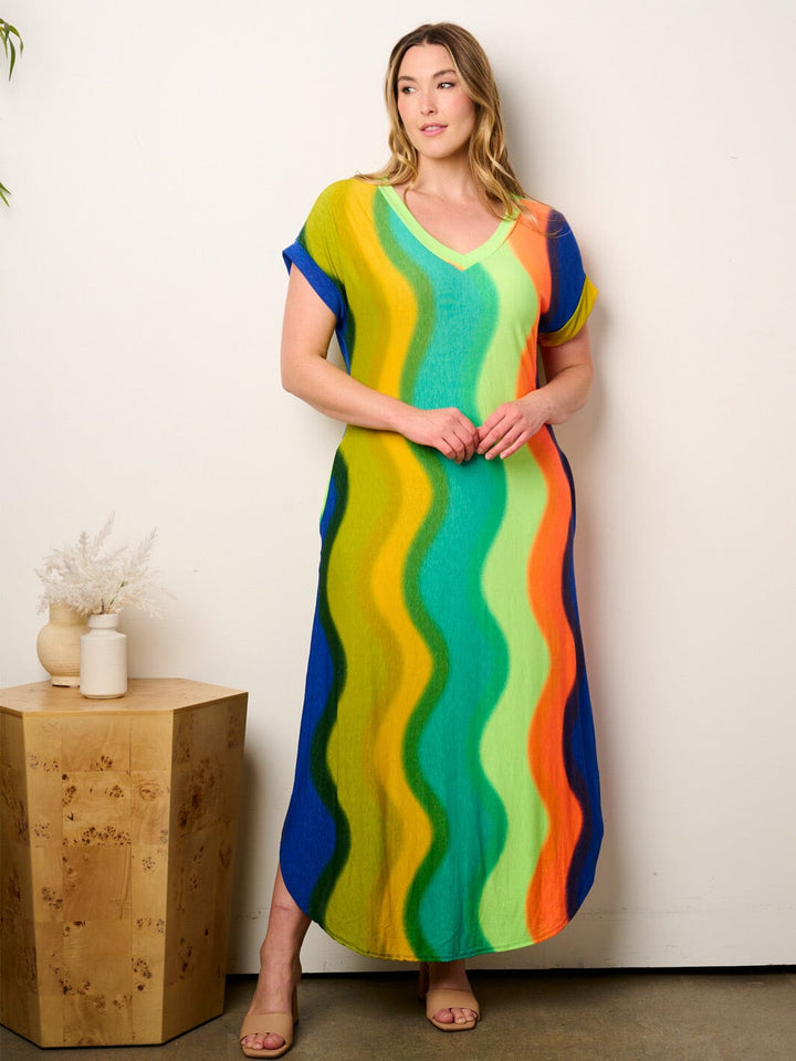PLUS SIZE SHORT SLEEVE POCKETS TUNIC MULTI PRINT MAXI DRESS