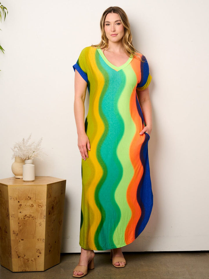 PLUS SIZE SHORT SLEEVE POCKETS TUNIC MULTI PRINT MAXI DRESS