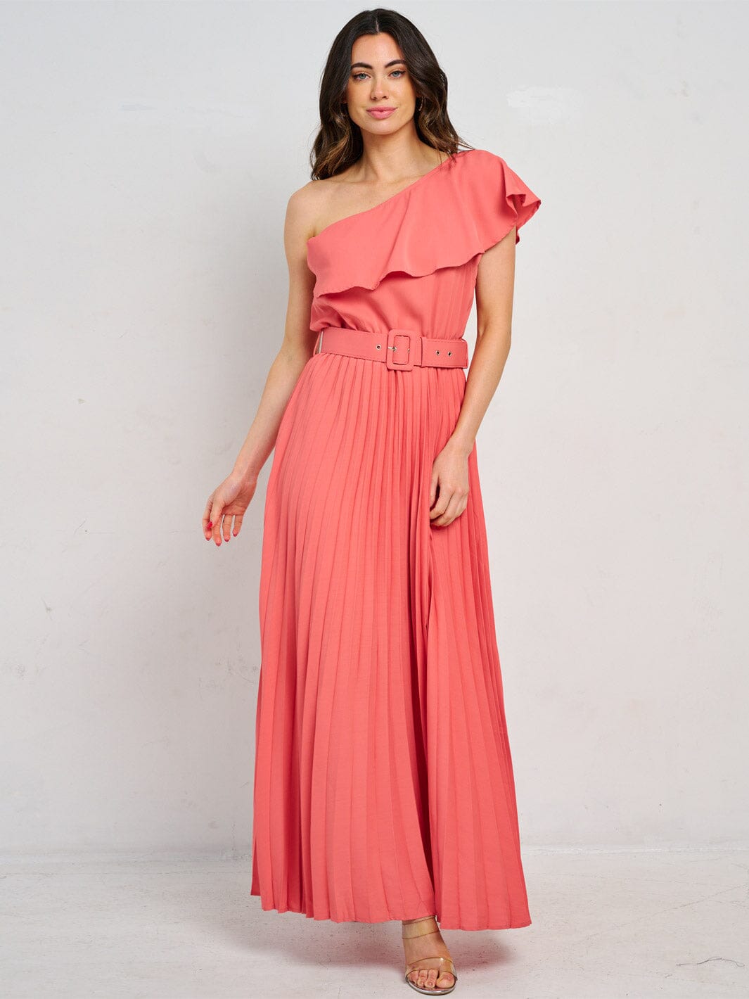 WOMEN'S ONE SHOULDER RUFFLE BELTED PLEATED MAXI DRESS