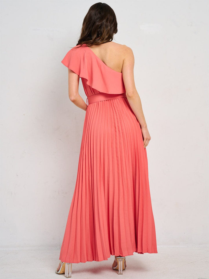 WOMEN'S ONE SHOULDER RUFFLE BELTED PLEATED MAXI DRESS