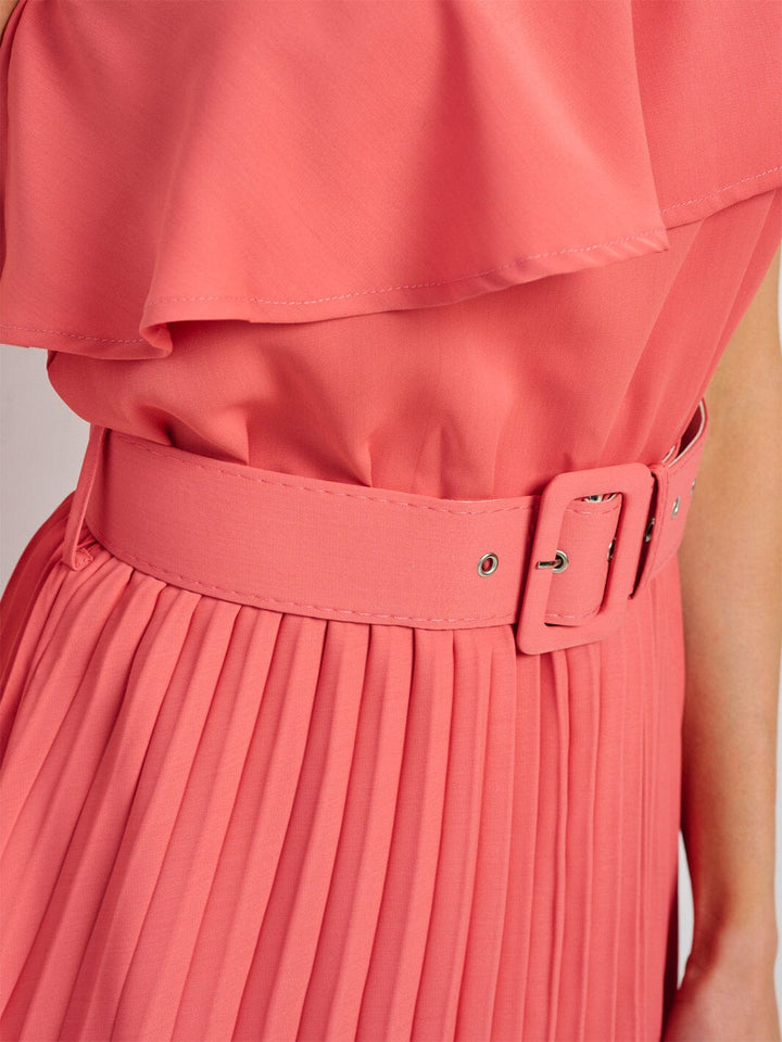 WOMEN'S ONE SHOULDER RUFFLE BELTED PLEATED MAXI DRESS