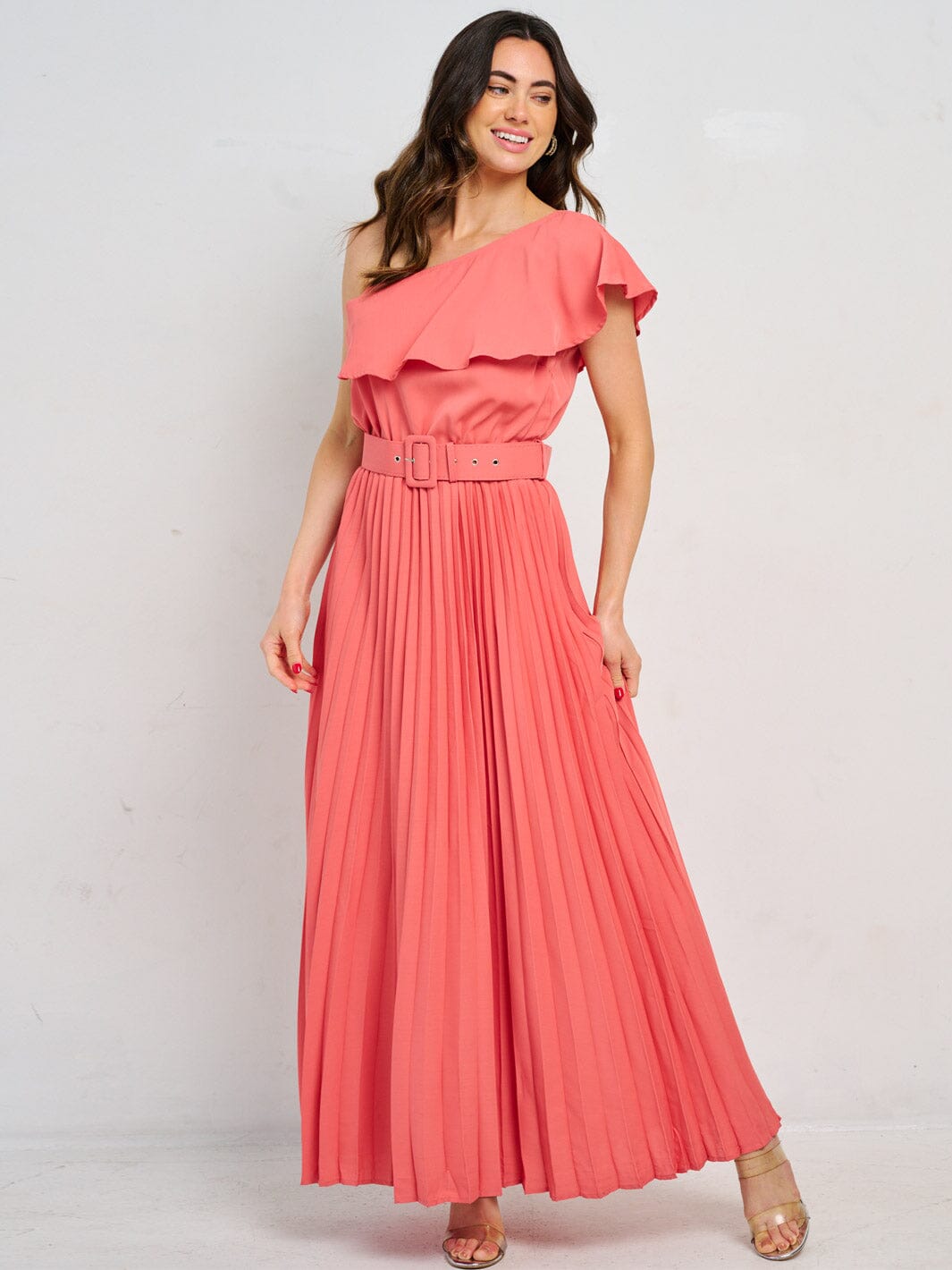WOMEN'S ONE SHOULDER RUFFLE BELTED PLEATED MAXI DRESS