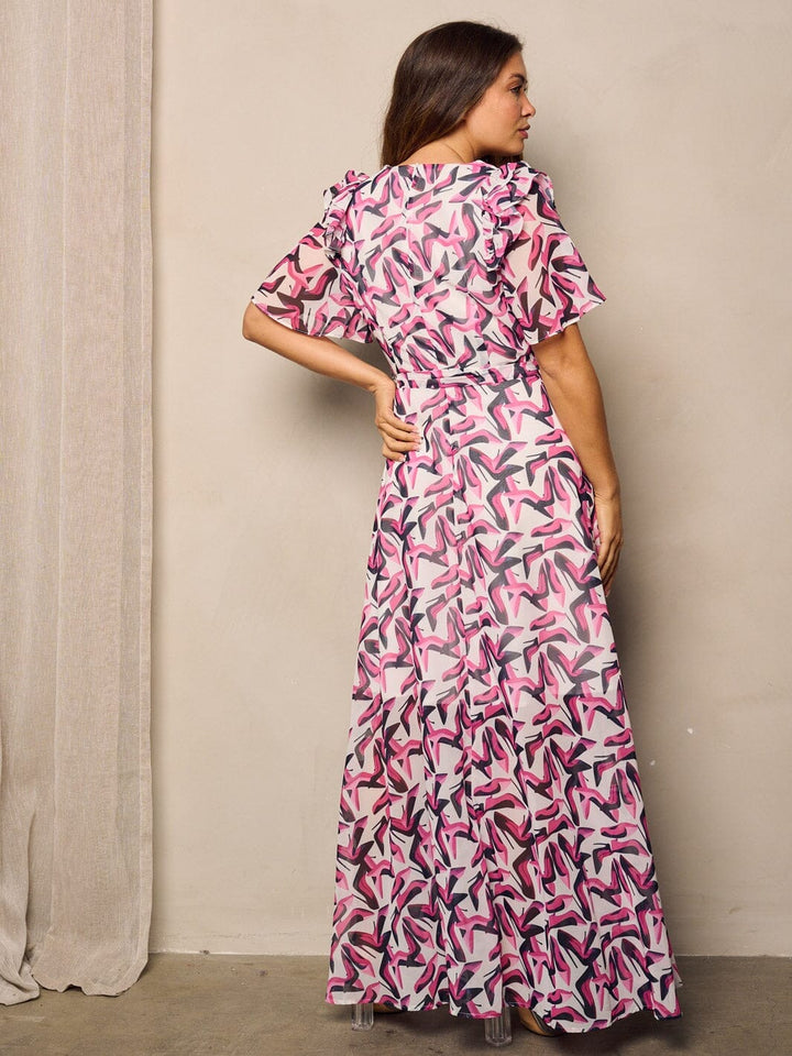 WOMEN'S SHORT RUFFLE SLEEVE SURPLICE PRINTED MAXI DRESS