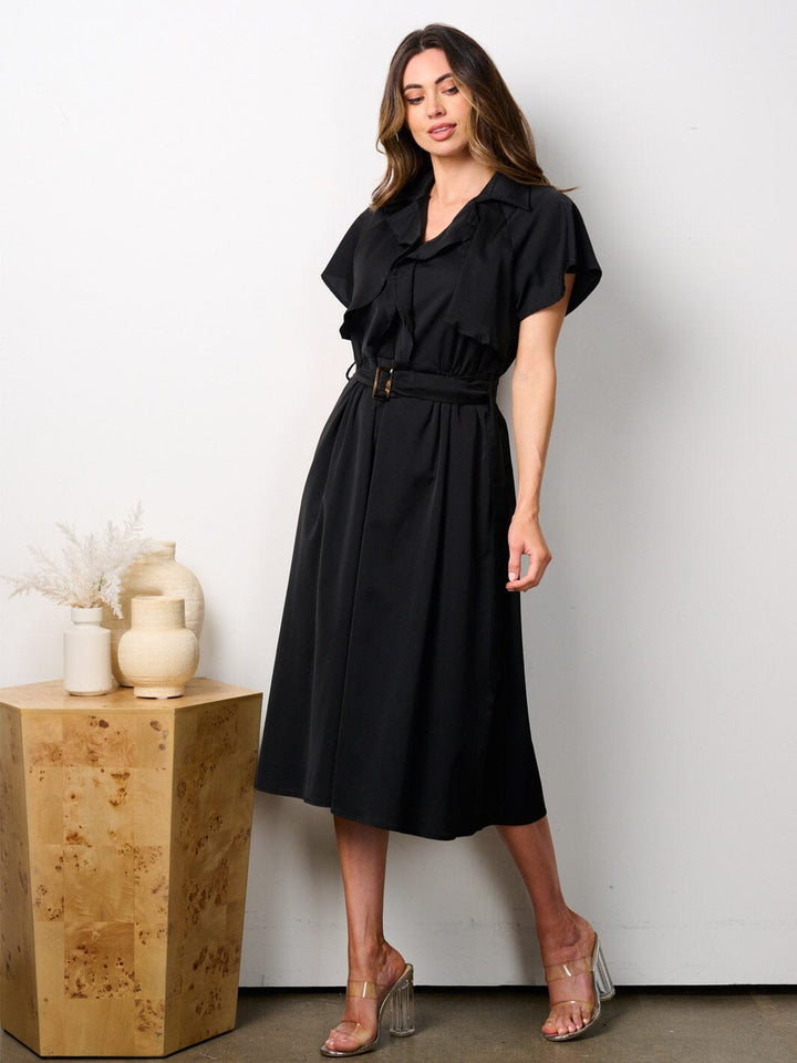 WOMEN'S SHORT SLEEVES RUFFLE BELTED MIDI DRESS