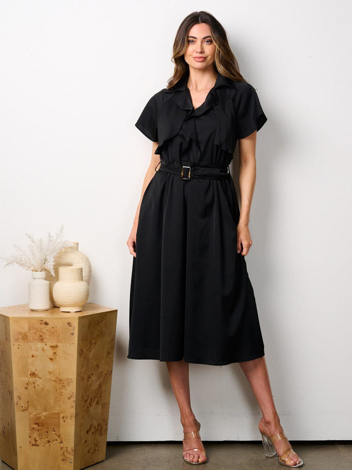 WOMEN'S SHORT SLEEVES RUFFLE BELTED MIDI DRESS