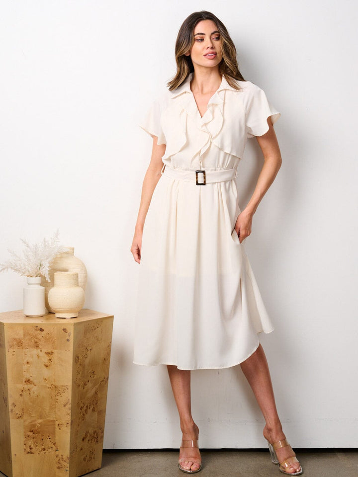 WOMEN'S SHORT SLEEVES RUFFLE BELTED MIDI DRESS