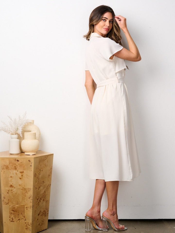 WOMEN'S SHORT SLEEVES RUFFLE BELTED MIDI DRESS