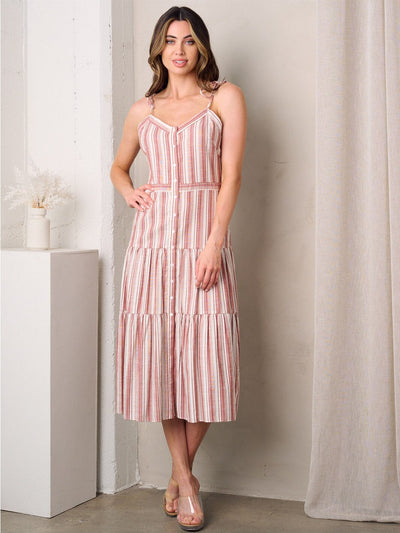 WOMEN'S SLEEVELESS BUTTON UP STRIPES MIDI DRESS