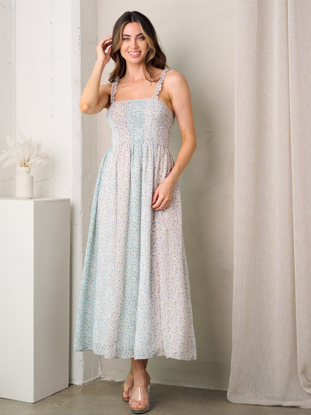 WOMEN'S SLEEVELESS SMOCK COLORBLOCK FLORAL MAXI DRESS