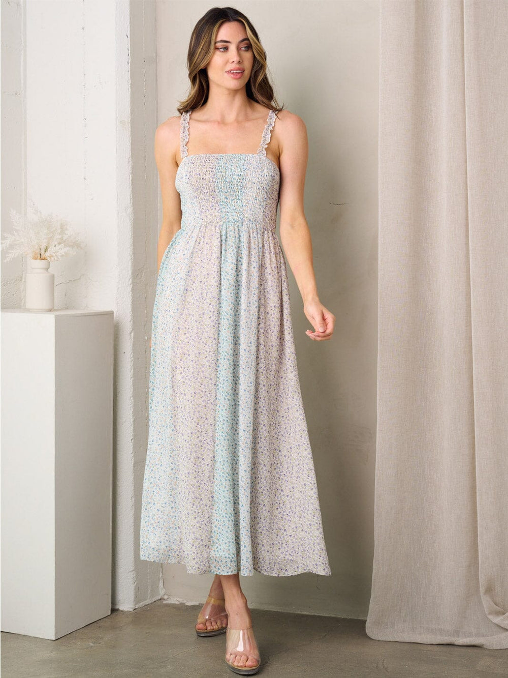 WOMEN'S SLEEVELESS SMOCK COLORBLOCK FLORAL MAXI DRESS