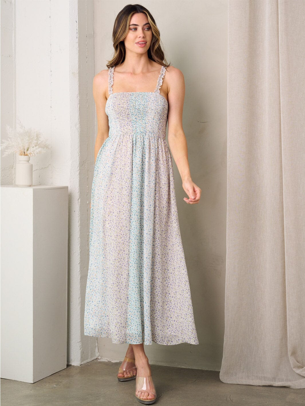 WOMEN'S SLEEVELESS SMOCK COLORBLOCK FLORAL MAXI DRESS