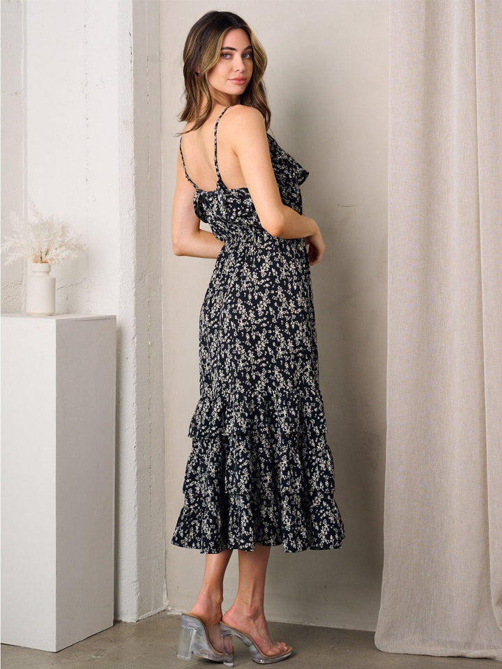 WOMEN'S SLEEVELESS V-NECK TIERED FLORAL MIDI DRESS