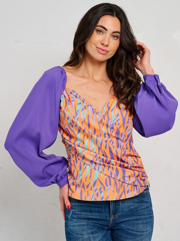WOMEN'S LONG SLEEVE SURPLICE MULTI PRINT BLOUSE