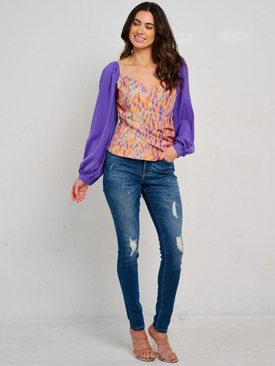 WOMEN'S LONG SLEEVE SURPLICE MULTI PRINT BLOUSE